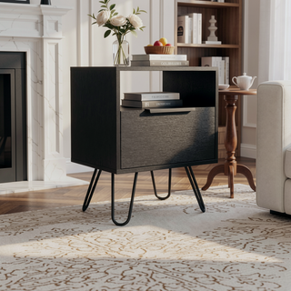 Sunvega Single Door Cabinet Nightstand with Hairpin Legs and Two Shelves
