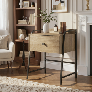 Sunvega Rustic Nightstand with Roomy Drawer and Industrial Metal Frame