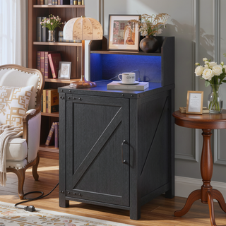 Sunvega Farmhouse Nightstand with Charging Station and Adjustable Shelf for Living Room Bedroom