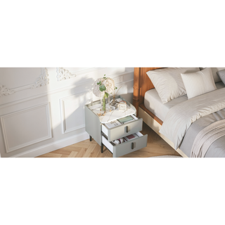 Sunvega Modern Nightstand with 2 Spacious Drawers and Marble-Pattern Tabletop