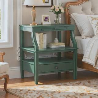 Sunvega Vintage Green Storage Nightstand with Drawer and Pull Out Tray