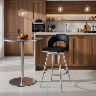 Sunvega 26 Inch Swivel Counter Stool in Brushed Stainless Steel and Black Faux Leather