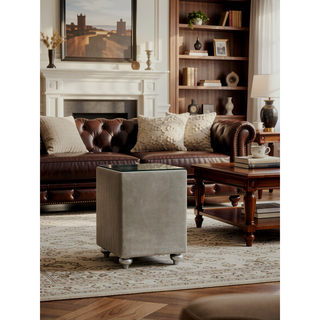 Sunvega Beige 2-Drawer Nightstand with Tufted Velvet-Lined Drawers and Crystal Knobs