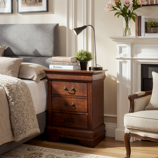 Sunvega Warm Cherry Finish Nightstand with Three Large Drawers for Bedroom