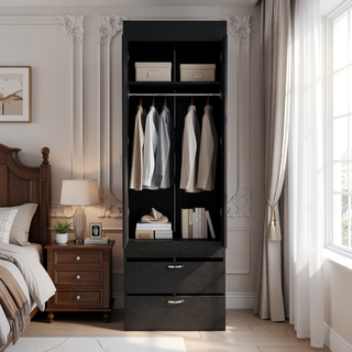 Sunvega Black 70H" Double Door Cabinet with Two Drawers and Metal Handles