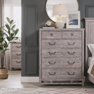 Sunvega Oak Five Drawer Chest with Antique Brass Hardware in Dawn Finish