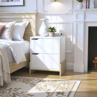 Sunvega Brookland Nightstand with Double Drawers and Sturdy Base in White Macadamia