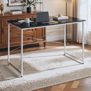 Sunvega Modern Black and Chrome Vanity Desk with X-Shape Crossbar for Bedroom