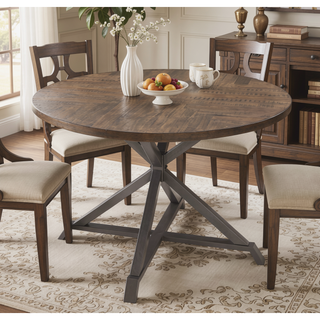 Sunvega Rustic Industrial Round Dining Table with Herringbone Top