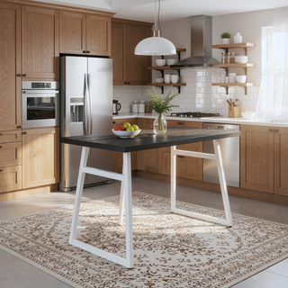 Sunvega Industrial Dining Table with Vintage White Metal and Espresso Wood-Pressed Grain Bamboo Top