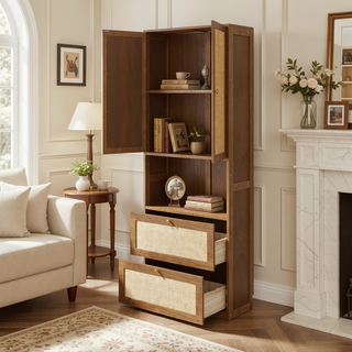 Sunvega Walnut Side Cabinet with Rattan Doors USB Port and 3 Drawers Storage Shelves