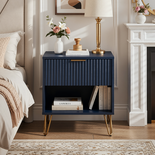 Sunvega Modern Glam Nightstand with Gold Metal Legs and Textured Drawer