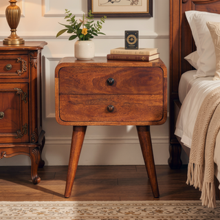 Sunvega Solid Mango Wood Curved Bedside Table with Two Drawers Honey Caramel Finish