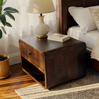 Sunvega Solid Wood Curve Floating Bedside Table with Drawer and Open Shelf