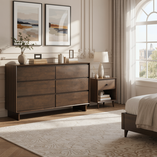 Sunvega Modern Six-Drawer Dresser Cabinet with Warm Brown Wood Grain Finish