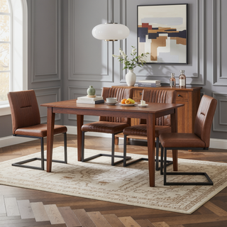 Sunvega Vintage Brown Tech Fabric Dining Chairs with Ergonomic Backrest and Industrial Metal Legs