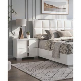 Sunvega White Modern Nightstand with Chrome Legs and UV Finish for Master Bedroom