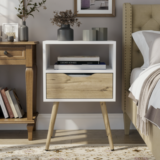 Sunvega 25 Inch High White Light Oak Nightstand with Superior Top and Four Legs