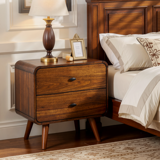 Sunvega Mid-Century Modern Dark Walnightstand with Rounded Edges and Tapered Legs