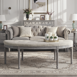 Sunvega Light Beige Button Tufted Upholstered Bench with Weathered Gray Wooden Legs