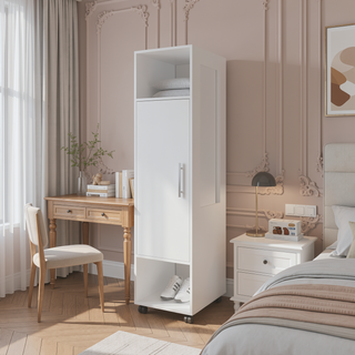 Sunvega White 1-Door Wardrobe with Mirror and Open Storage for Smaller Bedroom