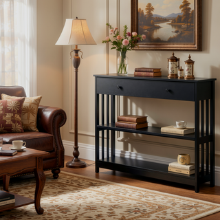Sunvega Extra Wide Pull Out Drawer Console Table with Slatted Wood Frame Design