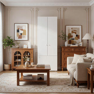 Sunvega Three-Door Freestanding Closet with Hanging Rod and Shelves for Bedroom