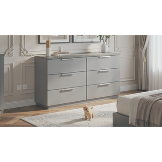 Sunvega White Lacquer Dresser with Six Smooth-Glide Drawers and Marble Accents
