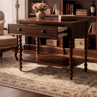 Sunvega Antique Cream Nightstand with Spindle Legs and Spacious Drawer Storage