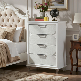 Sunvega Contemporary Glam Pearl White Nightstand with Embossed Panels and Acrylic Handles