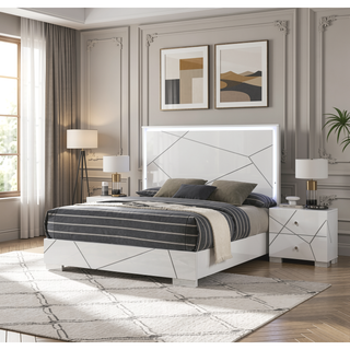 Sunvega Contemporary Nightstand with Geometric Accents and High-Gloss White Finish