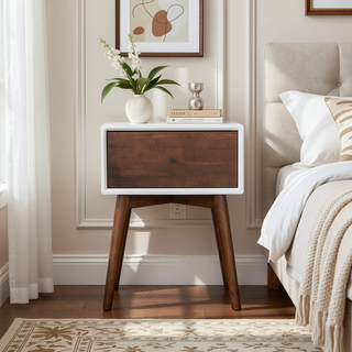 Sunvega Mid-Century Modern Dark Brown Walnut Nightstand with 1 Drawer for Bedroom