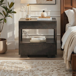 Sunvega Smoked Peppercorn Nightstand with Two Drawers and Display Shelf