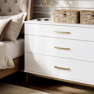 Sunvega 3-Drawer Dresser with Gold Bar Pull Handles and Curved Metal Legs