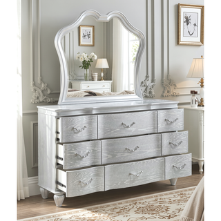 Sunvega Silver Wood 9-Drawer Dresser With Metal Pulls And Curved Front Design