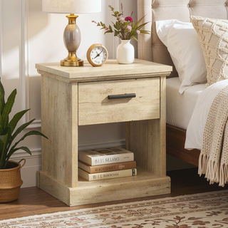 Sunvega Brown Finish Night Stand with Smooth Sliding Drawer and Open Shelf