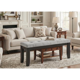 Sunvega Contemporary Light Gray Upholstered Button Tufted Bench with Dark Tapered Wood Legs