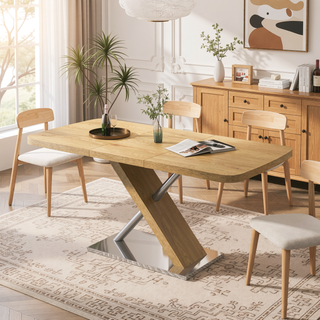 Sunvega Natural Retractable Dining Table with Cross Metal Base Seating 4-6 People