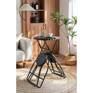 Sunvega Black Stowable Side Table and Two Seats with Foldable Iron Frame