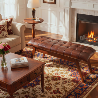 Sunvega Mid Century Modern Leather Bench with Solid Wood Frame and Tapered Legs for Living Room