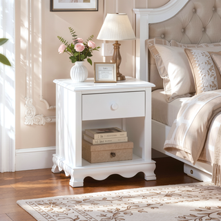 Sunvega Transitional White Solid Wood Nightstand with Drawer and Storage Shelves