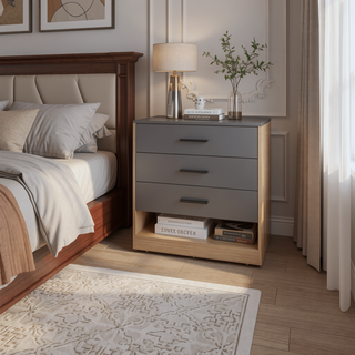 Sunvega 3 Drawer Dresser with Open Shelf in Natural Oak and Matt Grey Finish