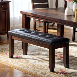 Sunvega Transitional Cherry Finish Wood Dining Bench with Padded Black Synthetic Leather Seat