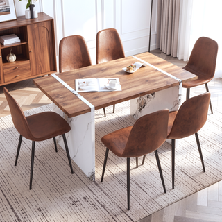 Sunvega Modern MDF Dining Table with Wood Textured Desktop and White Marble Legs