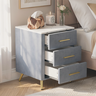 Sunvega Upholstered Velvet Nightstand with Marbling Worktop and 3 Spacious Drawers