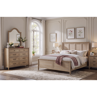 Sunvega Small Transitional Breakfront Dresser with Mindi Veneer and Sand Finish