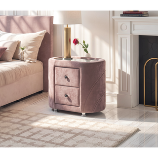 Sunvega Pink Velvet Upholstered Nightstand with Two Drawers and Chrome Metal Legs