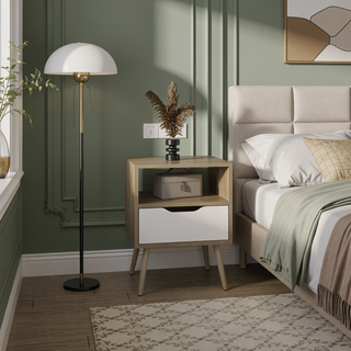 Sunvega Natural Oak and White Nightstand with Drawer and Open Shelf