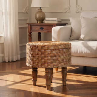 Sunvega Handcrafted Brown Solid Wood Regency Round Woven Stool
