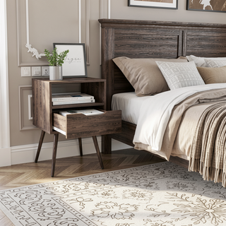 Sunvega Modern Dark Walnut Nightstand with Spacious Drawer and Open Shelf for Bedroom
